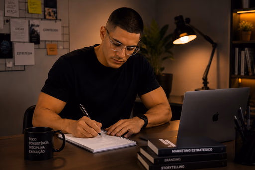 Tiago escrevendo e planejando narrativas